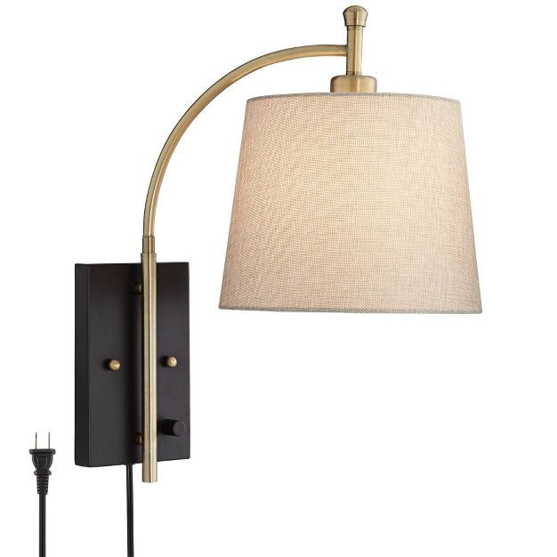 360 Lighting Modern Swing Arm Wall Lamp Antique Brass Black Plug-In Light Fixture Tan Drum Shade ... | Target