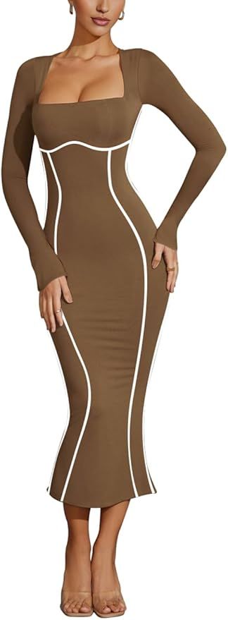 Lrady Women's Square Neck Dresses Long Sleeve Contrast Binding Split Bodycon Mermaid Evening Cock... | Amazon (US)