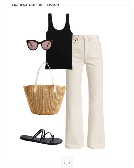 Outfit idea for wide leg full length white jeans! Tank top, straw tote, black sandals, sunglasses - Spring style idea - see more Spring capsule outfit ideas on thesarahstories.com ✨

#LTKstyletip #LTKFind