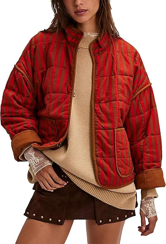VAOYIU Women's Loose Retro Striped Quilted Jacket Stand Collar Cropped Puffer Outerwear Vintage C... | Amazon (US)