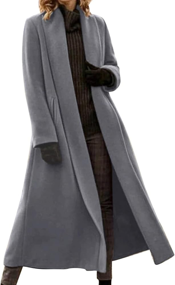 Pea Coats For Women Winter Classic Lapel Open Front Long Overcoat Comfy Wool Blend Long Sleeve Ov... | Amazon (US)