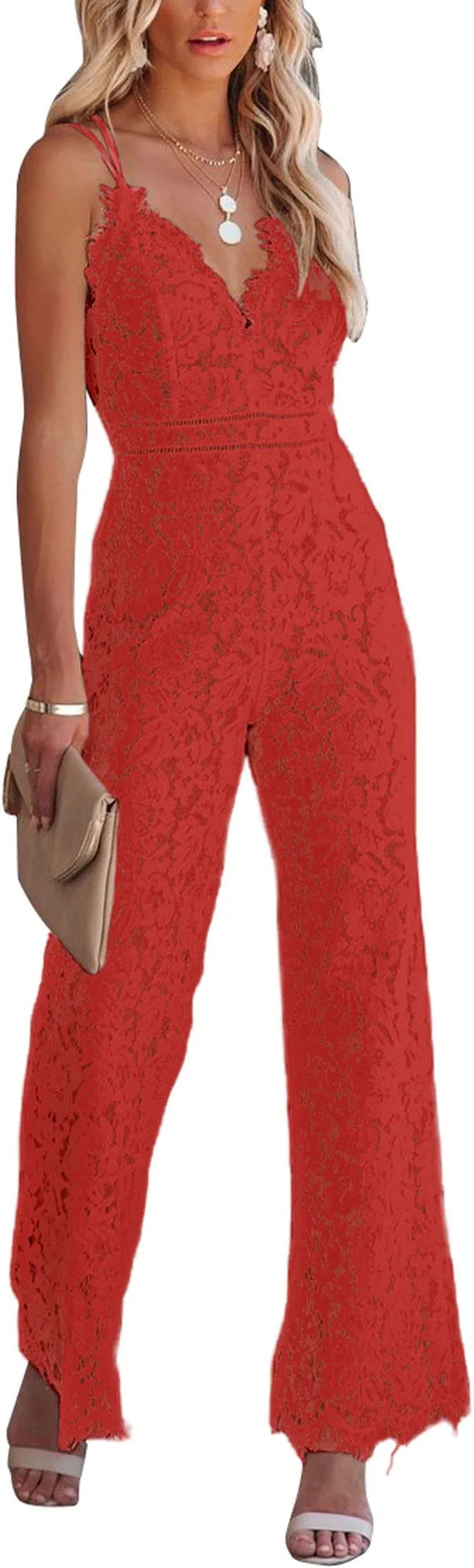 Amazon.com: Dikonu Sexy Jumpsuit for Women Lace V Neck Long Puff Sleeve Open Back One Piece Wide-... | Amazon (US)