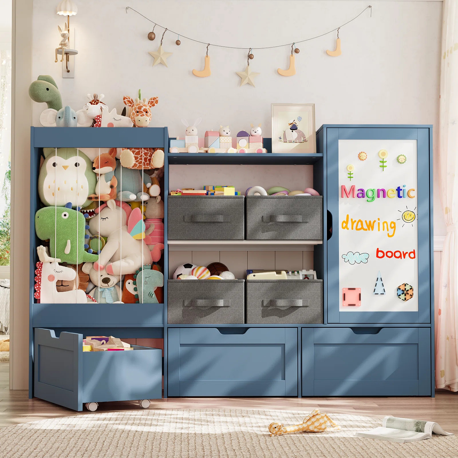 41.3"H Toy Storage Organizer, Stuffed Animal Storage, 3 Movable Building Block Drawers, 4 Storage Bins and Magnetic Board for Kids Room, Playroom, Nur | Wayfair North America