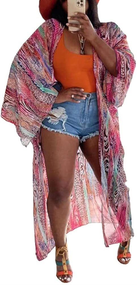 Yeshire Women's Sheer Chiffon Blouse Tops Kimono Cardigan Floral Loose Cover Ups Beach Cover up S... | Amazon (US)