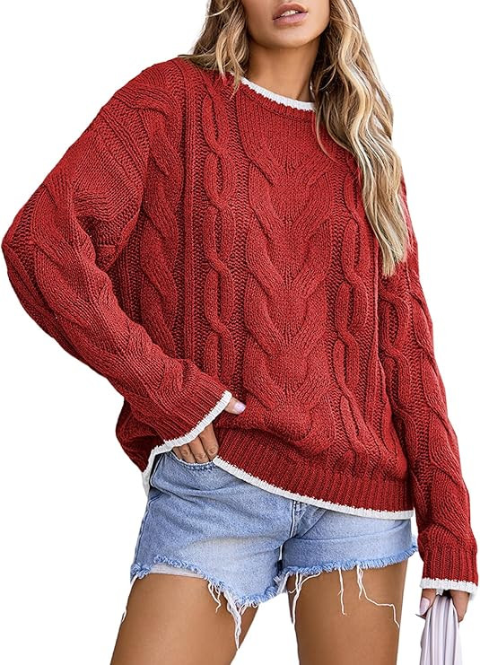 EVALESS Sweaters for Women Trendy Crewneck Long Sleeve Color Block Sweater Tops Fall 2024 Chunky ... | Amazon (US)