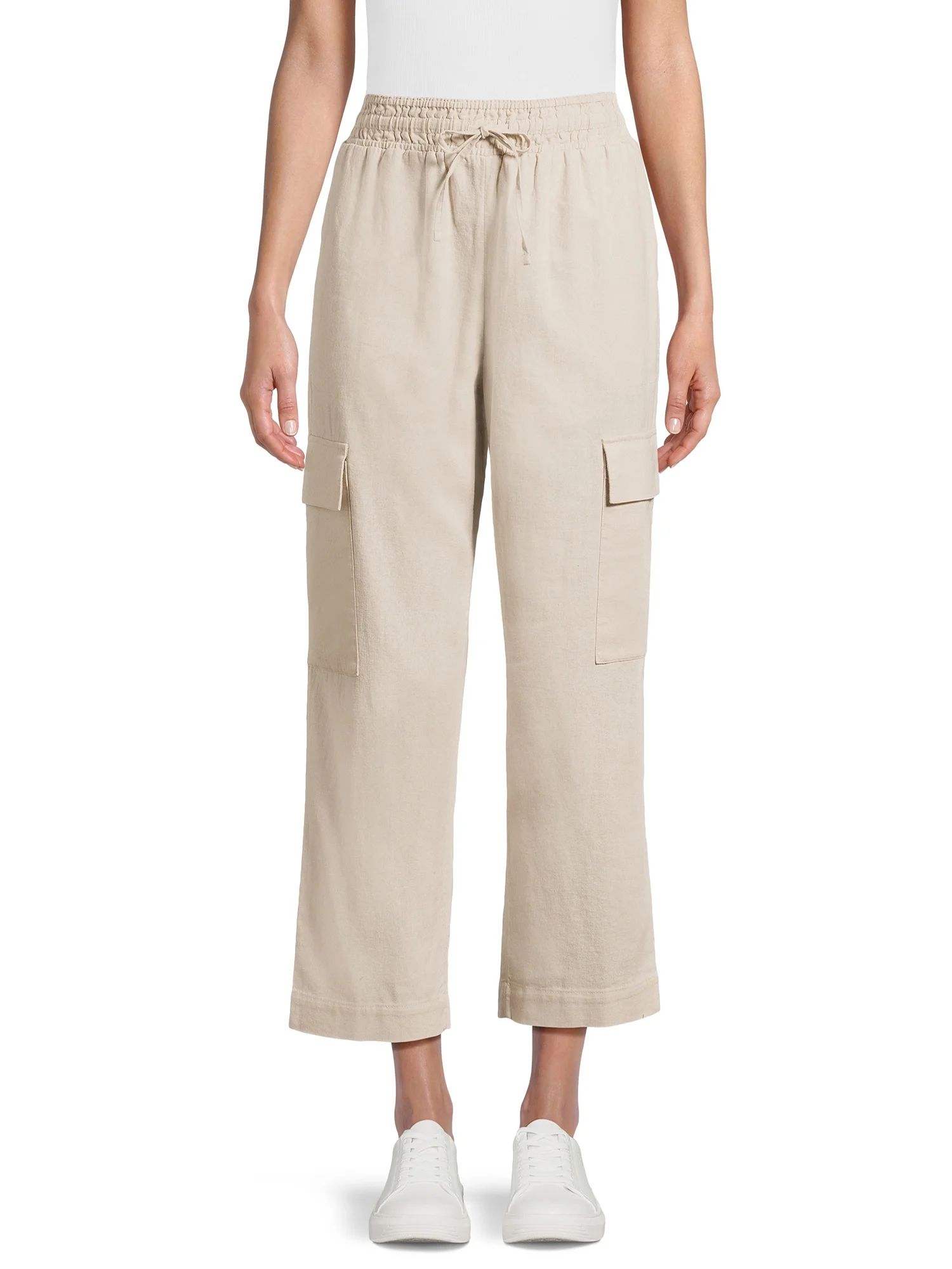 Time and Tru Women's High Rise Pull on with Drawstring Straight Leg Cargo Linen Pants, 27" Inseam... | Walmart (US)