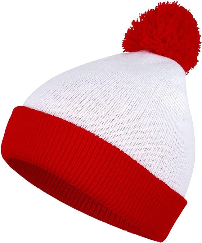 URATOT Red White Pom Pom Beanie Halloween Costume Cuff Knit Hats | Amazon (US)