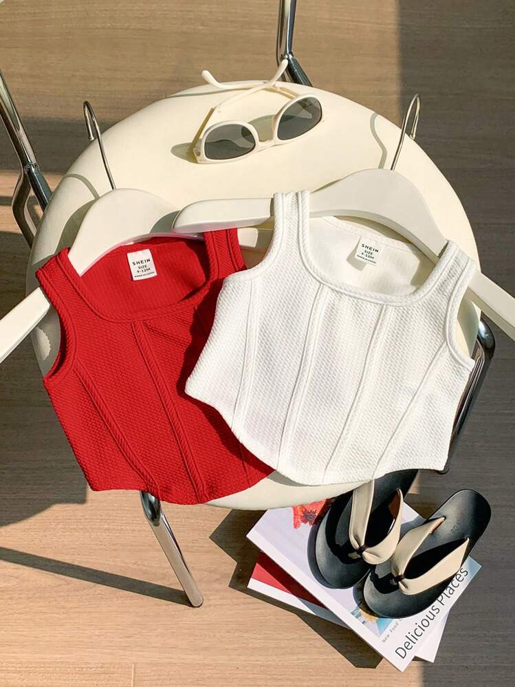 SHEIN 2pcs/Set Baby Girl Casual Minimalist Sleeveless Solid Color Square Neck Knit Vest Top, Summ... | SHEIN