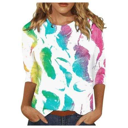 Tshirts For Women Fashion Round Neck Floral Print Button Three Quarter Sleeve Casual Loose Summer Ladies Tops Clothing Streetwear | Walmart (US)