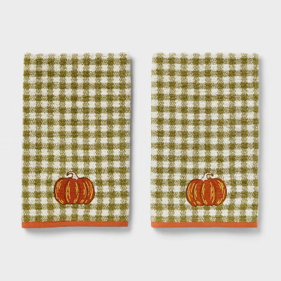 2pk Pumpkin Gingham Harvest Hand Towel Set Olive Green - Room Essentials™ | Target