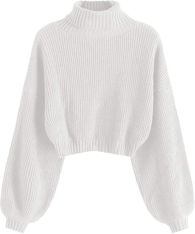 ZAFUL Women's Turtleneck Drop Shoulder Ribbed Knit Plain Pullover Scalloped Hem Crop Sweater Jump... | Amazon (US)