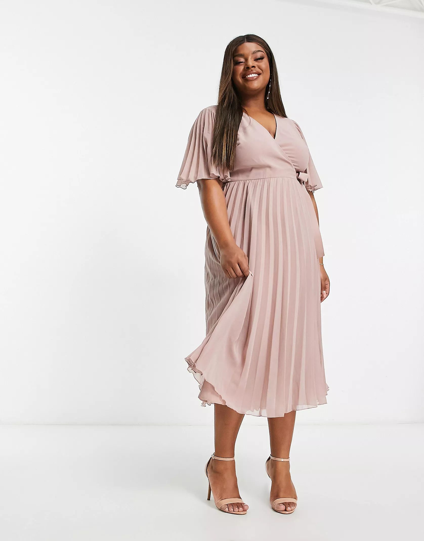 ASOS DESIGN Curve exclusive pleated midi dress with kimono sleeve and tie waist in blush | ASOS (Global)