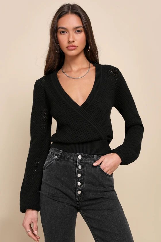 Sweetest Fashion Black Crochet Knit Surplice Sweater Top | Lulus