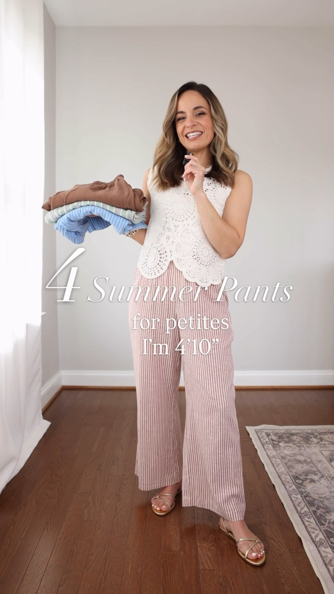 Four pairs of casual summer pants for petites! 

Marine Layer Allison Hemp Crop Trouser
Size worn: XS
Rise: 11″
Inseam: 25″
Top (Abercrombie): xxs (wearing a camisole under it)

LOFT Petite Pull-On Wide Leg Pants in Striped Linen Cotton
* This pair is currently not on the LOFT site (I bought them from the sneak preview section) it should be popping back up in a few days so I’ll keep an eye on them and share when they do! 
Size worn: Petite XXS
Rise: 10″
Inseam: 27.5″
Tank top (Nordstrom): xs 

A&F Gemma Crinkle Wide Leg Pull-On Pant
Size worn: XXS Short
Rise: 11″
Inseam: 28.5″ - I need a low heel with this pair 
Top (Abercrombie): xxs (wearing a camisole under it)

Nic + Zoe Fairfield Gauze Ankle Wide Leg Pants
Size worn: Petite P (I could have sized up for more room across my hips)
Rise: 9″
Inseam: 25.5″
Tank top (BR Factory): xxs