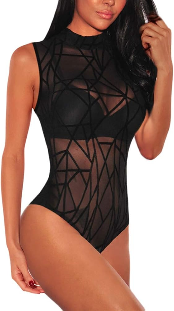 MAYFASEY Women's Long Sleeve Bodysuit Sheer Mesh Sexy Leotard Bodysuit Body Tops | Amazon (US)