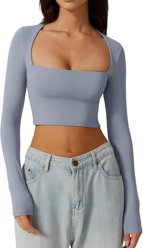 QINSEN Women's Sexy Square Neck Crop Top Long Sleeve Slim Fit Cropped T Shirts | Amazon (US)