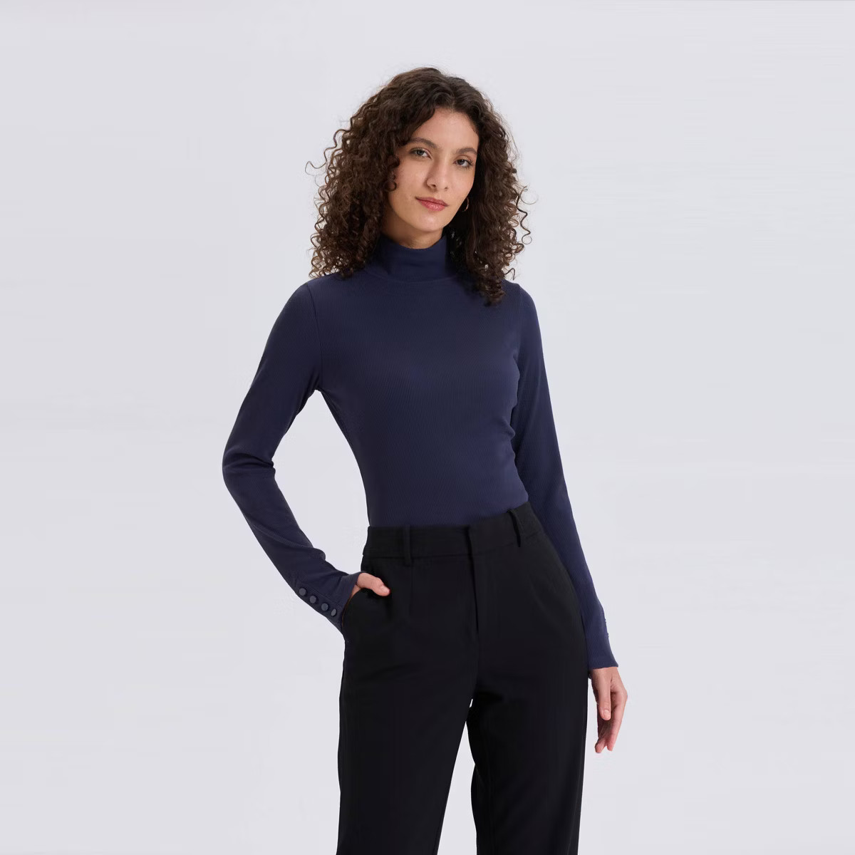 Women's Long Sleeve Mock Neck Rib-Knit Top - A New Day™ Navy Blue S | Target