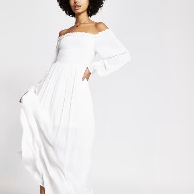 White long sleeve shirred bardot maxi dress | River Island (UK & IE)