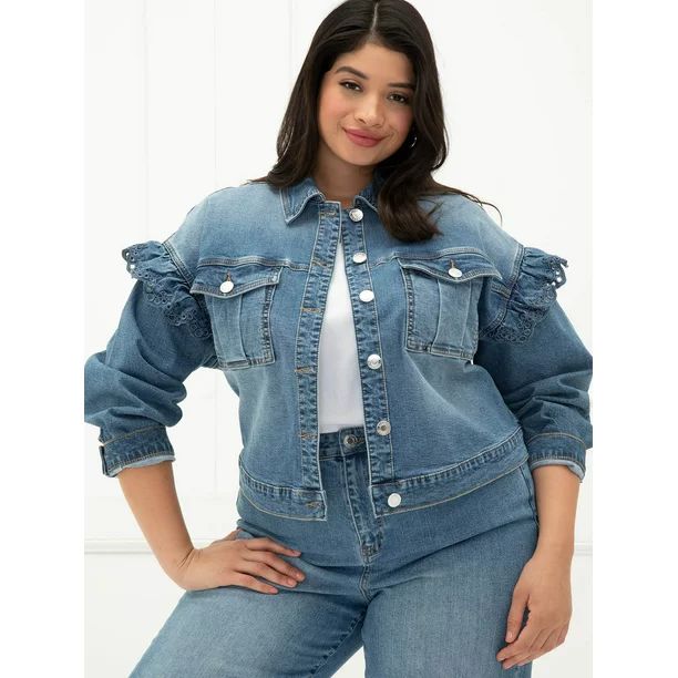ELOQUII Elements Women's Plus Size Denim Jacket with Embroidered Ruffle Shoulder | Walmart (US)