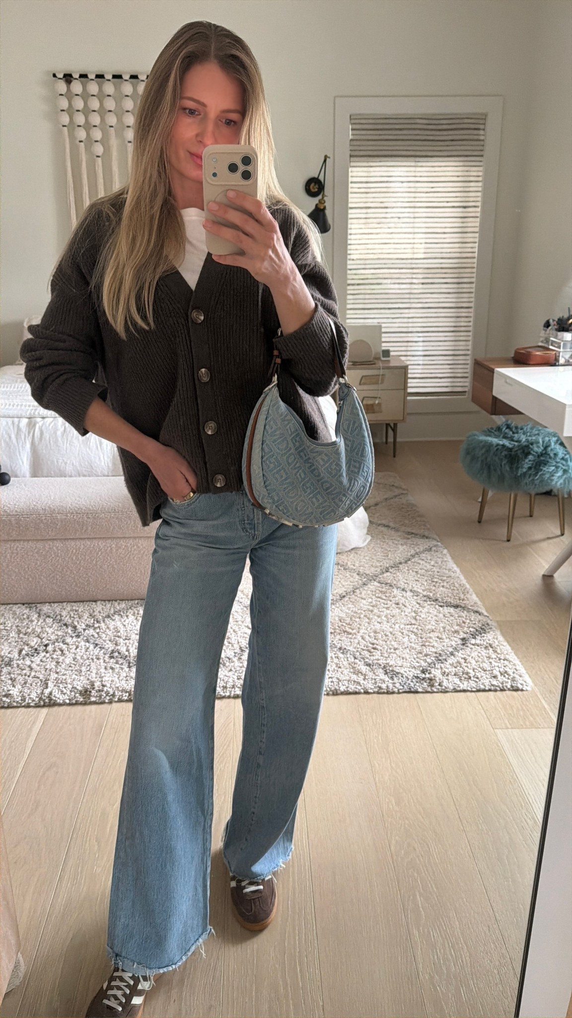 Chilly spring morning outfit formula! 
I love and wear these pieces all the time! 🩵 🤎 🤍 

-cardigan runs big, wearing XS
-jeans TTS, wearing 26

#spring #outfitformula #momlife #errands #denimoutfits #highlowdressing #baggyjeans #quince

#LTKootd #LTKdayinmylife #LTKOver40