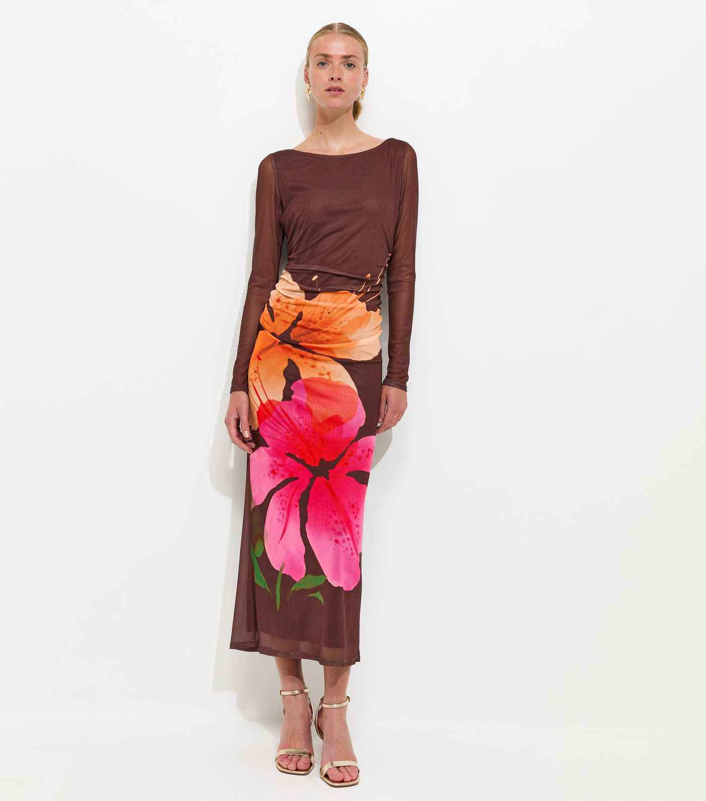 Brown Orchid Mesh Long Sleeve Midi Dress | New Look | New Look (UK)