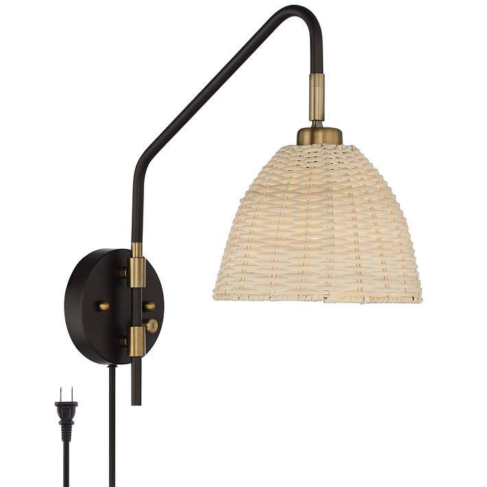 Vega Bronze and Brass Rattan Shade Plug-In Wall Lamp | Lamps Plus