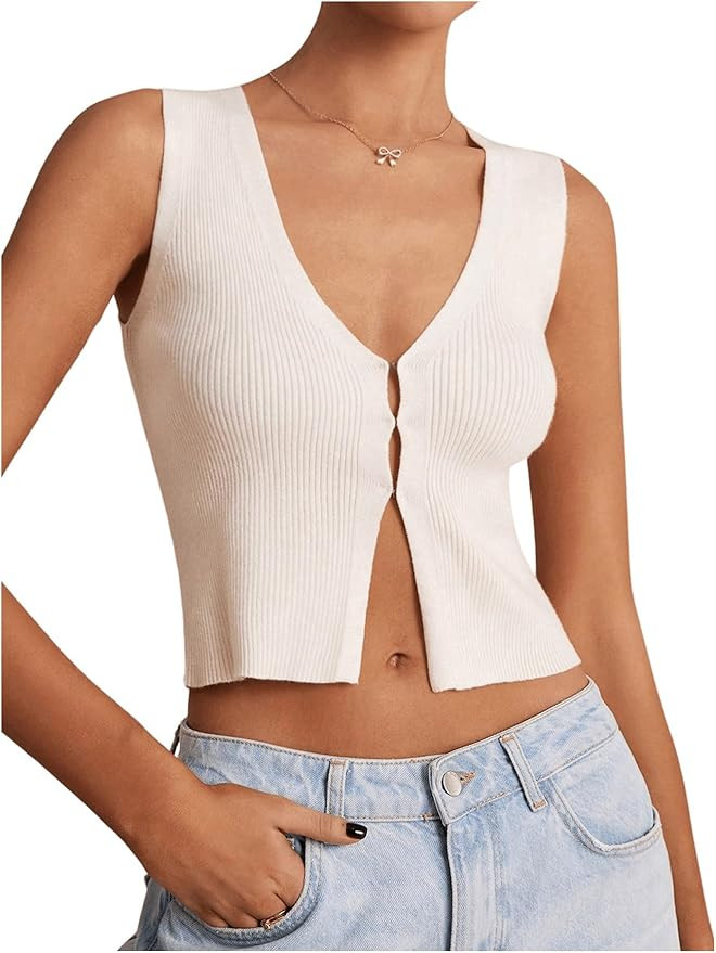GORGLITTER Women's Knit Top V Neck Sleeveless Button Down Sweater Vest | Amazon (US)