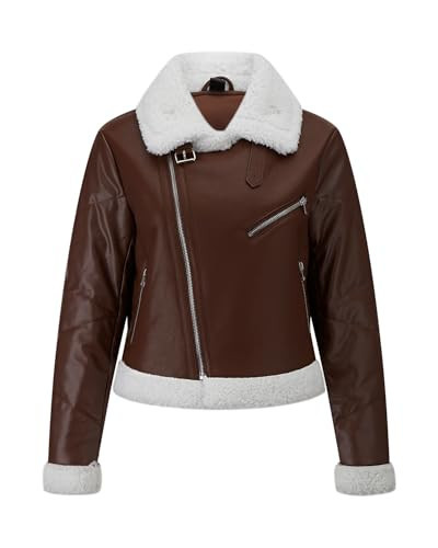 WYOYW Women Puffer Leather Jacket Patchwork Faux Fur Lined Coat Moto Biker Faux Leather Jacket Brown S | Amazon (US)