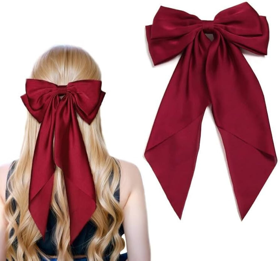 Women Big Bow Barrettes Girl's Satin Hairclips Long Ribbon Hair Pins Accessories For Party (Burgu... | Amazon (US)