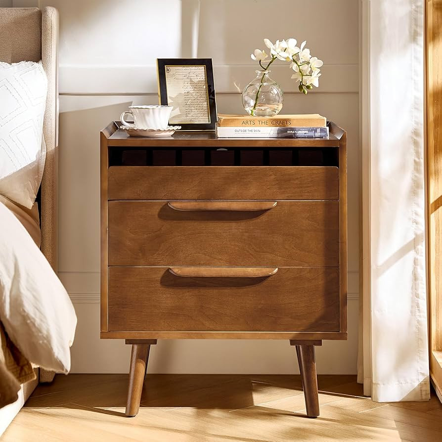 HULALA HOME Nightstand with Charging Station, Mid-Century Modern 2 Drawer and Open Shelf Bedside ... | Amazon (US)