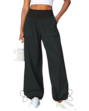 Fisoew Womens Wide Leg Pants Casual High Waist Baggy Track Pants Loose Fit Drawstring Cuffs Loung... | Amazon (US)