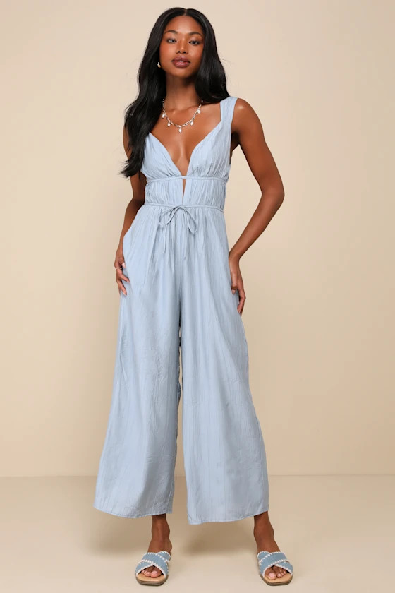 On the Dock Light Blue Crinkle Sleeveless Wide-Leg Jumpsuit | Lulus