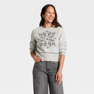 Women's Long Sleeve Holiday Crewneck Pullover Sweater - Universal Thread™ Gray Snowflakes | Target