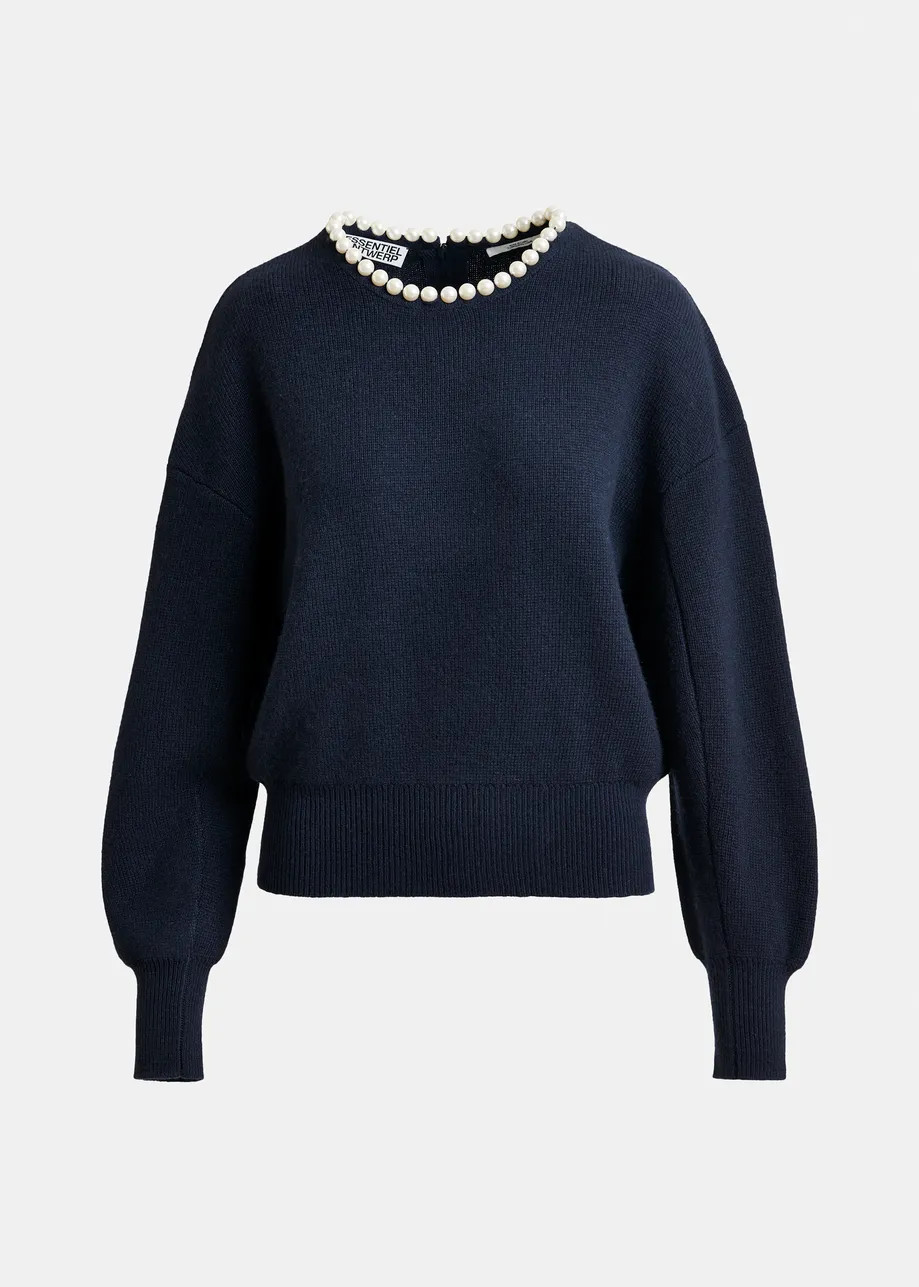 Navy pearl-embellished knit sweater | Essentiel Antwerp United States | Essentiel Antwerp