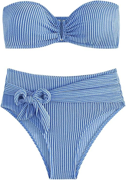 WDIRARA Women's 2 Piece Bikini Set Rib Knit Strapless Knot Front High Waist Swimsuit Set | Amazon (US)