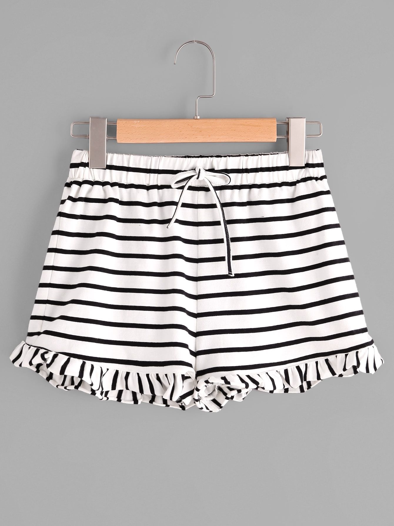 Drawstring Waist Frill Hem Striped Jersey Shorts | SHEIN