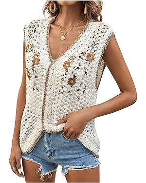 GORGLITTER Women's Crochet Vest Floral Pattern Button Down Embroidered Vest Cardigan Hollow Out B... | Amazon (US)