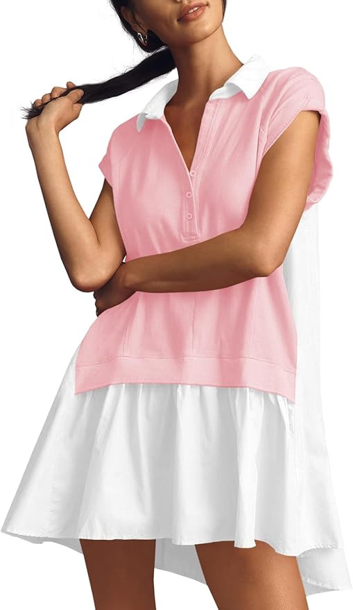 Fisoew Womens Summer Sweatshirt Dresses Short Sleeve V Neck Casual Oversized Patchwork Mini Dress | Amazon (US)