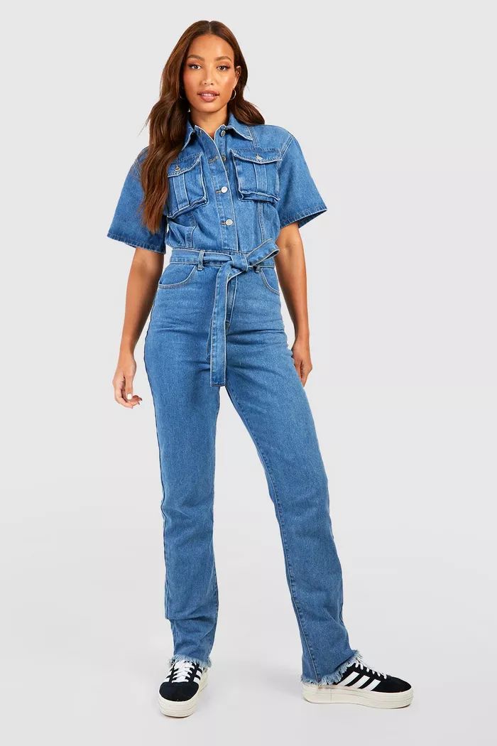 Tall Shortsleeve Belted Tapered Cargo Denim Jumpsuit | boohoo (US & Canada)