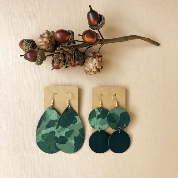 Green Camo Leather Earrings, leather statement earring, camo leather earring, green suede leather | Etsy (US)