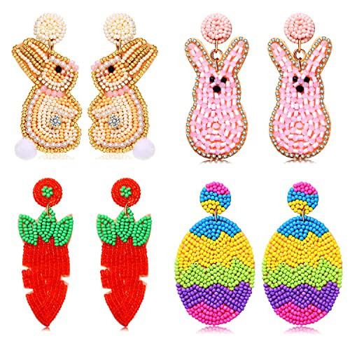 4 Pairs Easter Earrings for Women, Beaded Rabbit Bunny Earrings Colorful Easter Egg Earring Spring Holiday Earings Handmade easter Accessory Jewelry Gifts (Style B) | Amazon (US)