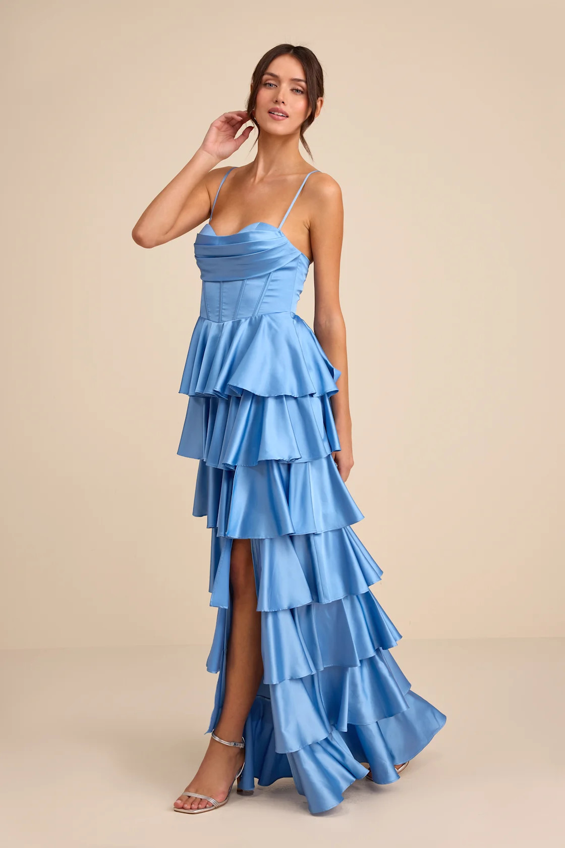 Arletta Light Blue Satin Bustier Tiered Maxi Dress | Lulus