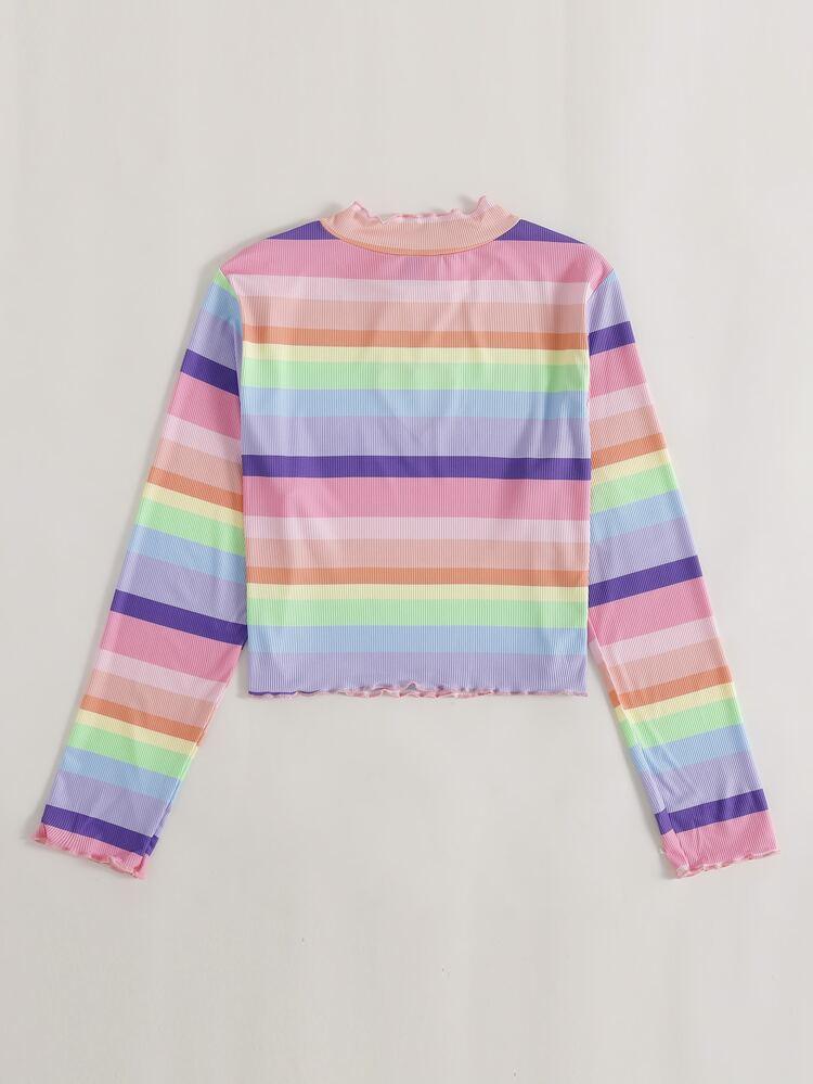 Plus Rainbow Striped Cut Out Lettuce Trim Tee | SHEIN