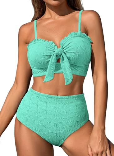 Amazon.com: Herseas Women's Seashell Textured Black Bikini Sets Knotted Front High Waisted 2 Piec... | Amazon (US)