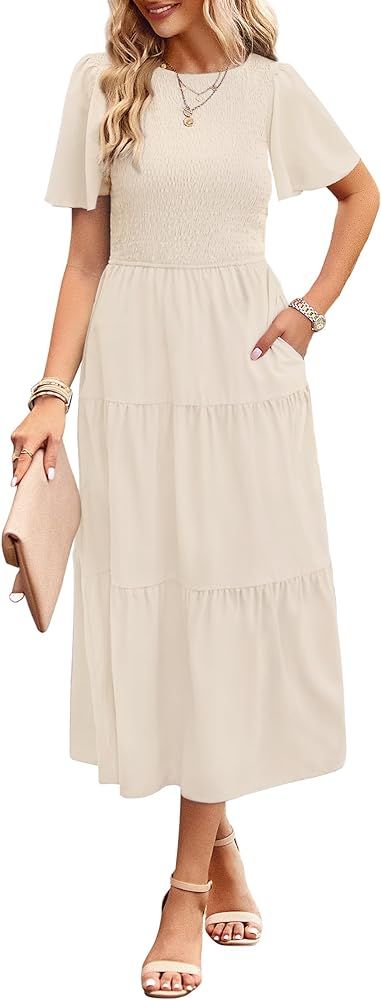 Summer Dresses for Women 2024 Casual Midi Dress with Pockets Boho Crew Neck Elastic Waist Smocked... | Amazon (US)