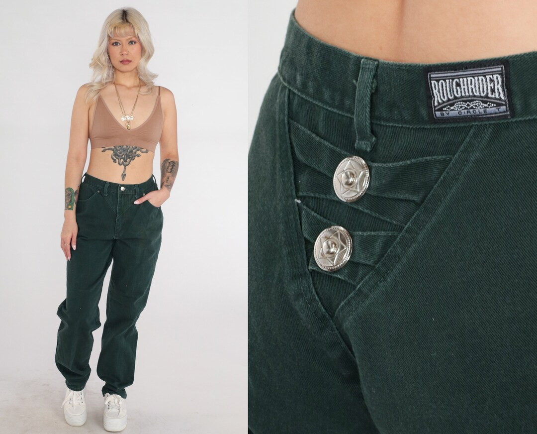 90s Western Jeans Dark Green Rough Riders Jeans High Waisted Denim Pants Star Concho Button High ... | Etsy (US)