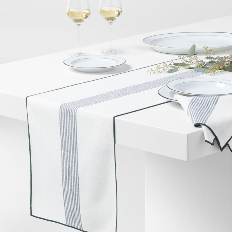Spruce Green-Striped Merrow-Stitch Organic Cotton Christmas Table Runner 90" | Crate & Barrel | Crate & Barrel