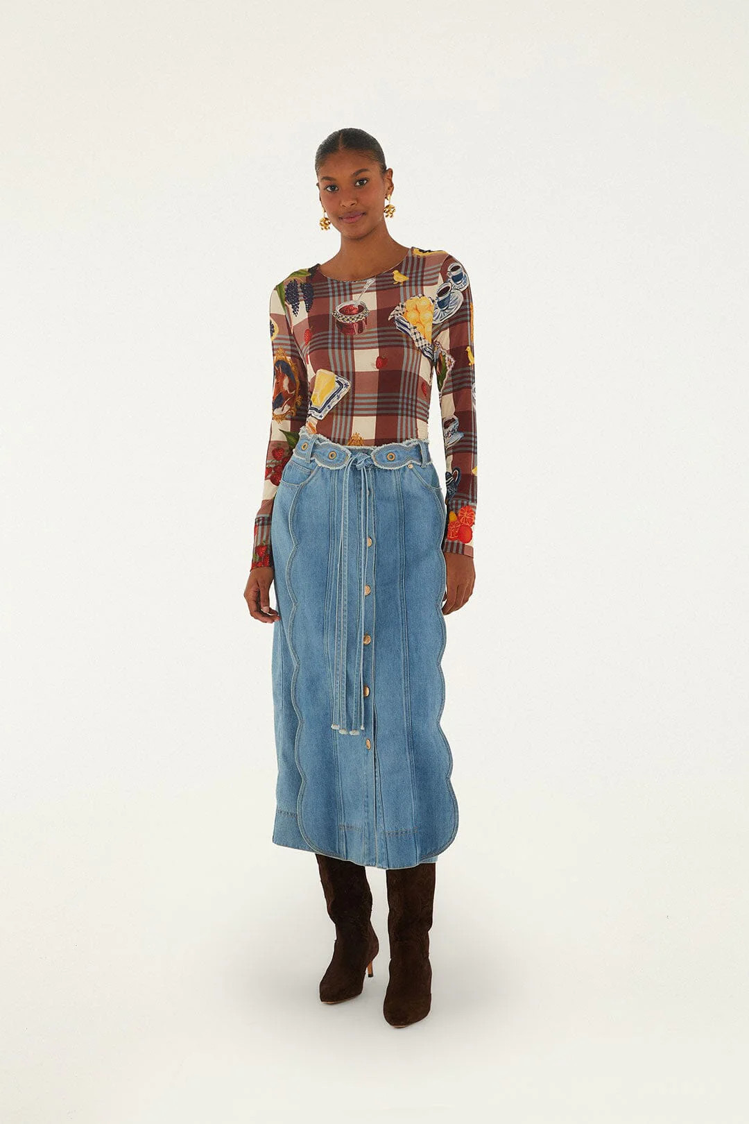 Denim Buttoned Belted Wavy Midi Skirt | FARM Rio | FarmRio (US)