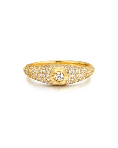 Pave Hex Signet Ring- Gold | LUV AJ