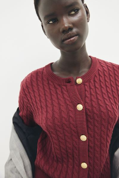 Cable-knit Cardigan - Round Neck - Short sleeve - Cream - Ladies | H&M US | H&M (US + CA)